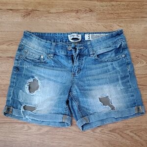 Indigo Rein Blue Jean Shorts with Distressed Details, ~5 Inch Inseam. A1.